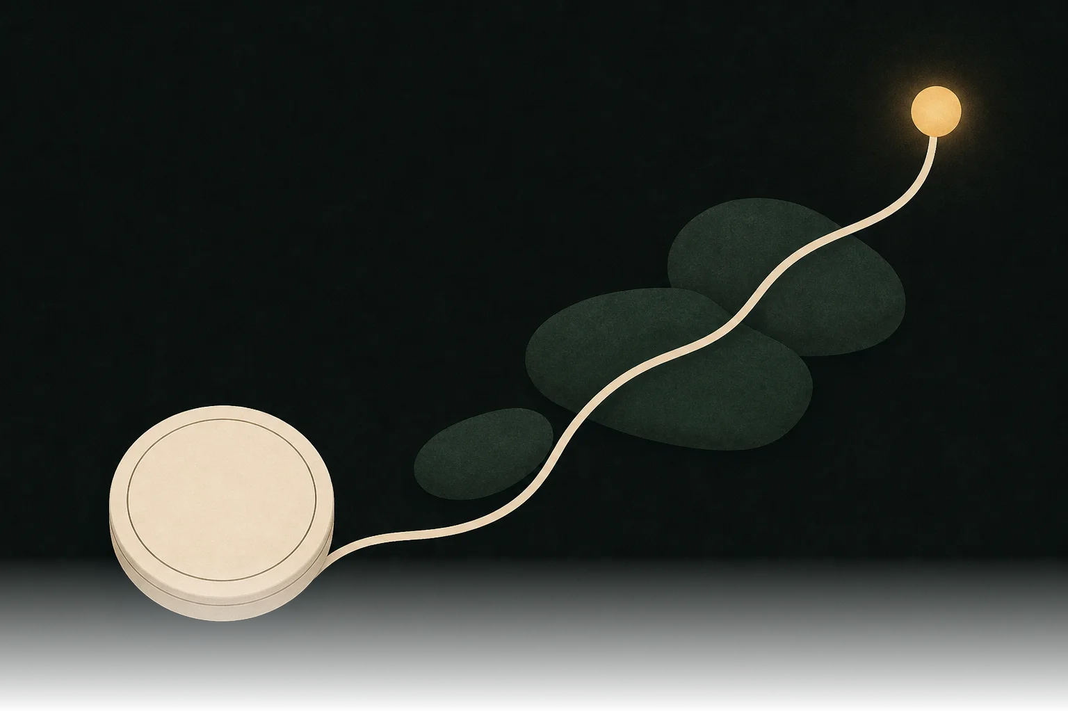 Illustration of a closed pouch tin with a single line escaping it, rising over stones toward a warm glow